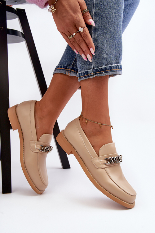 Damskie Eko Skórzane Mokasyny Z Łańcuchem Beżowe Nohlies