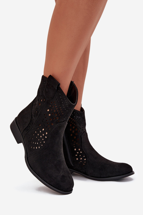 Ażurowe Botki Damskie Na Płaskim Obcasie Czarne Amisna