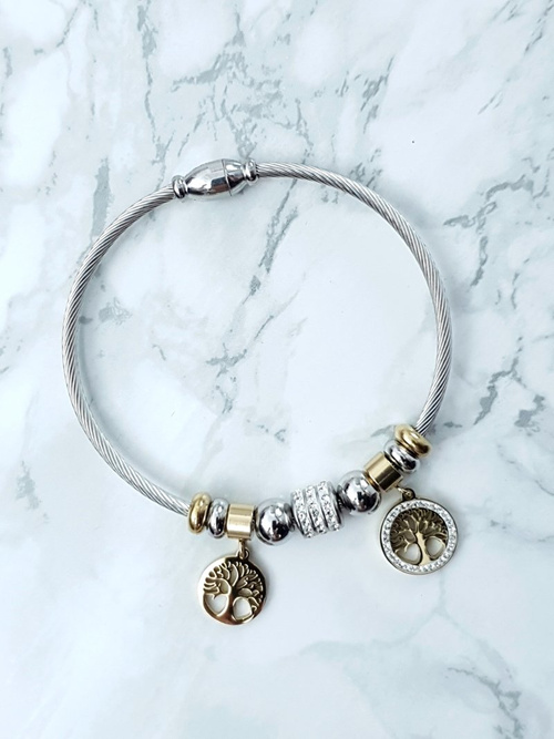 Damska Bransoleta Na Stalowej Lince Ze Złotymi Zawieszkami Charms