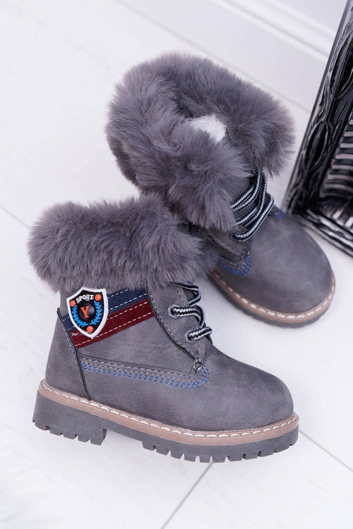 Dziecięce Chłopięce Botki Ocieplane Futerkiem Trapery Szare Cobi