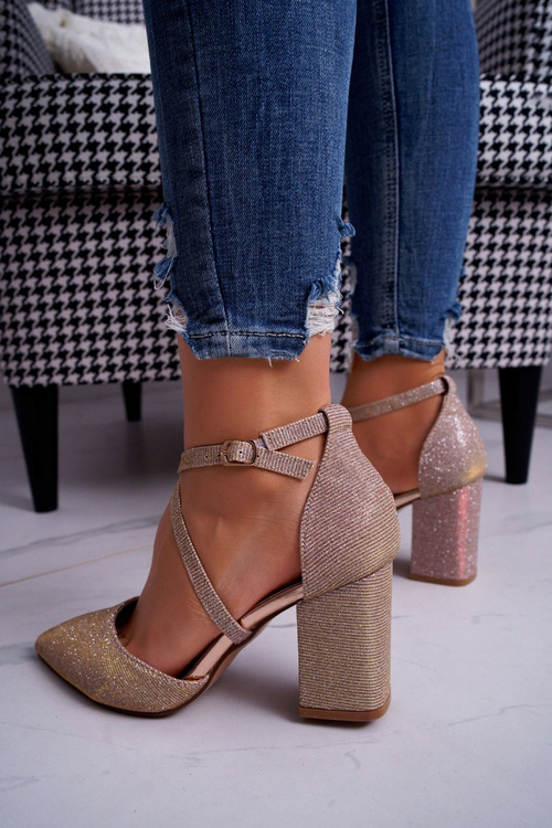 Czółenka Damskie Na Słupku Brokatowe Champagne Perset