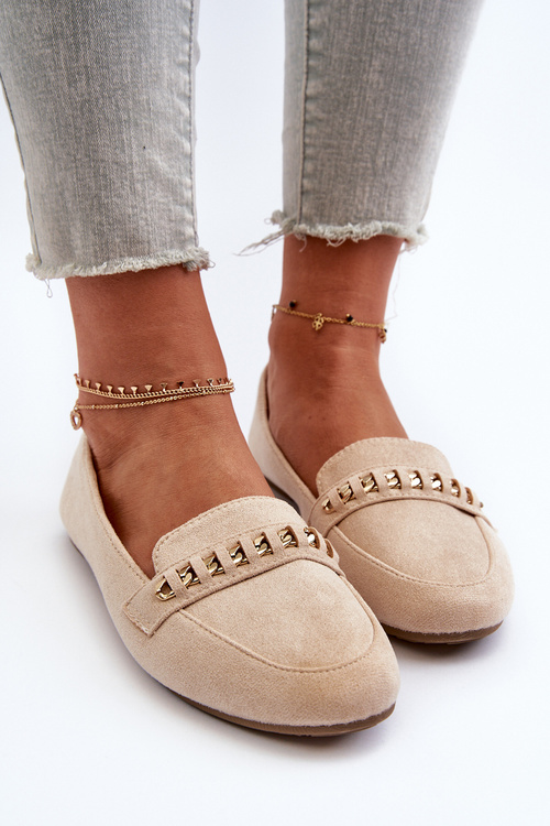 Błyszczące Mokasyny Damskie Z Łańcuchem Beżowe Aredilla