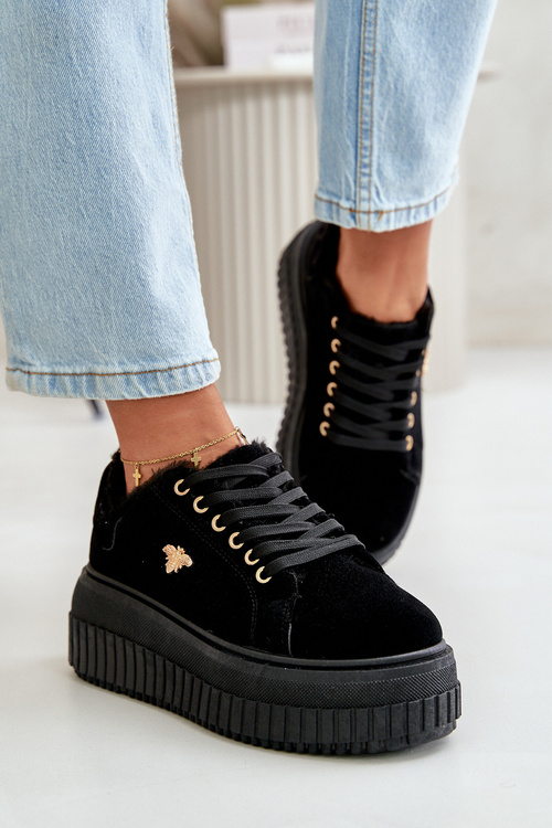 Sneakersy Damskie Ocieplane Na Masywnej Podeszwie Ze Złotym Detalem Czarne Lotira