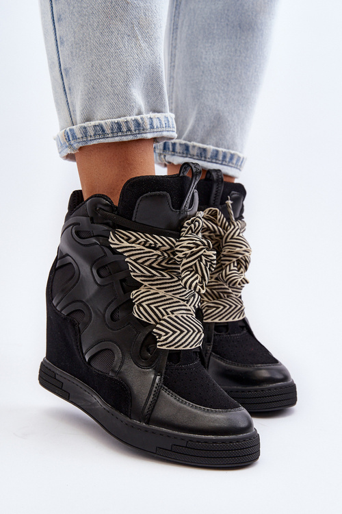 Damskie Sneakersy Na Koturnie Czarne Leoppa