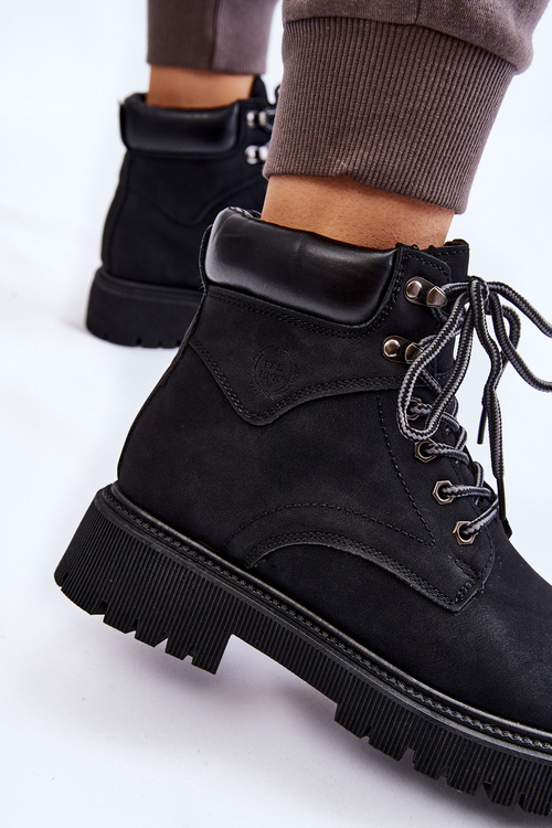 Damskie Ocieplane Botki Trapery Sznurowane Czarne Halfway