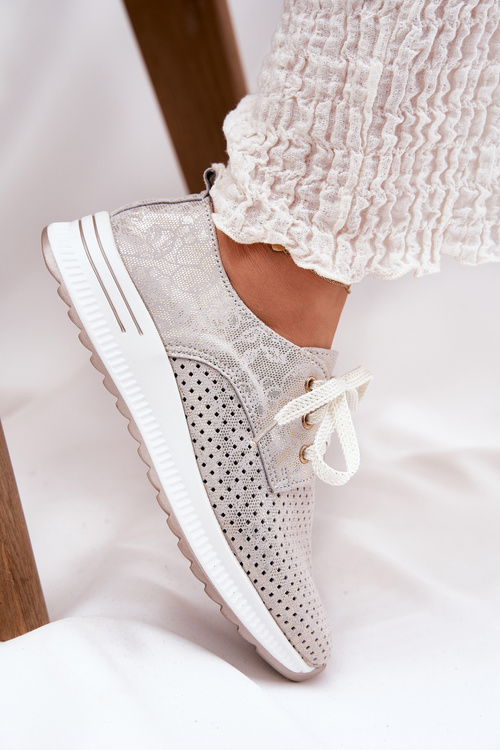 Skórzane Lekkie Półbuty Damskie Na Platformie Artiker 56C2113 Beżowo-Złote