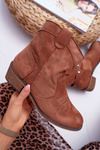Botki Damskie Płaski Obcas Kowbojki z Klamrą Camel Ewella