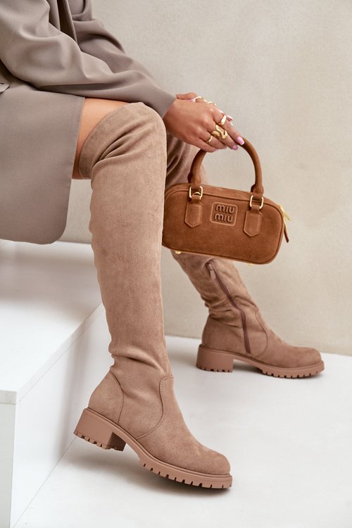 Kozaki Za Kolano Na Płaskim Obcasie Beżowe Filora