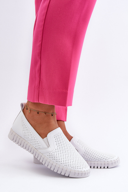 Damskie Ażurowe Półbuty Skórzane Wsuwane Białe Theophia