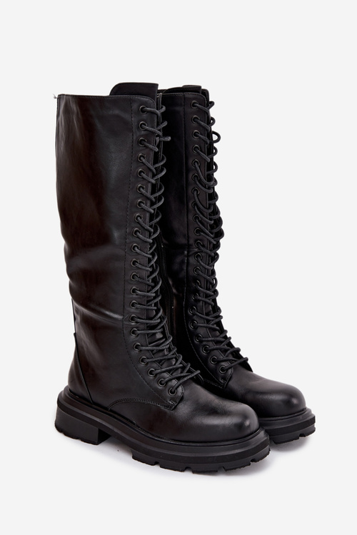 Kozaki Glany Damskie Ocieplane Eko Skórzane Czarne Selvina