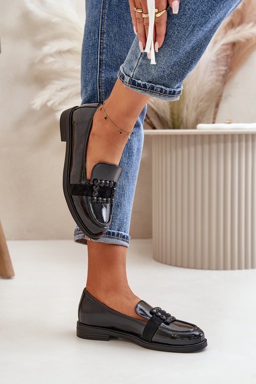 Lakierowane Mokasyny Damskie Z Ozdobą Czarne Vinceza 58389