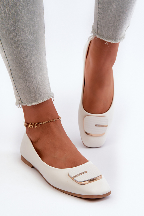 Baleriny Damskie Eko Skórzane Z Ozdobą Białe Edoslli