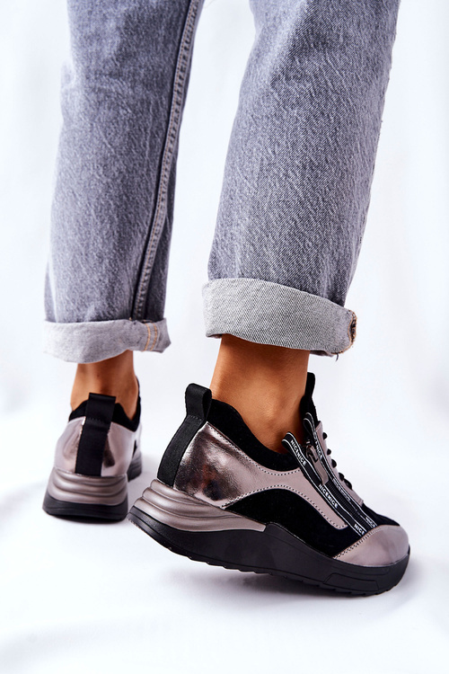 Skórzane Sportowe Buty Sneakersy Czarno Srebrne Minor