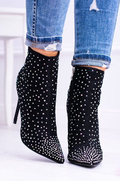 Lu Boo Czarne Wysokie Zamszowe Botki na Szpilce Cyrkonie Cubano