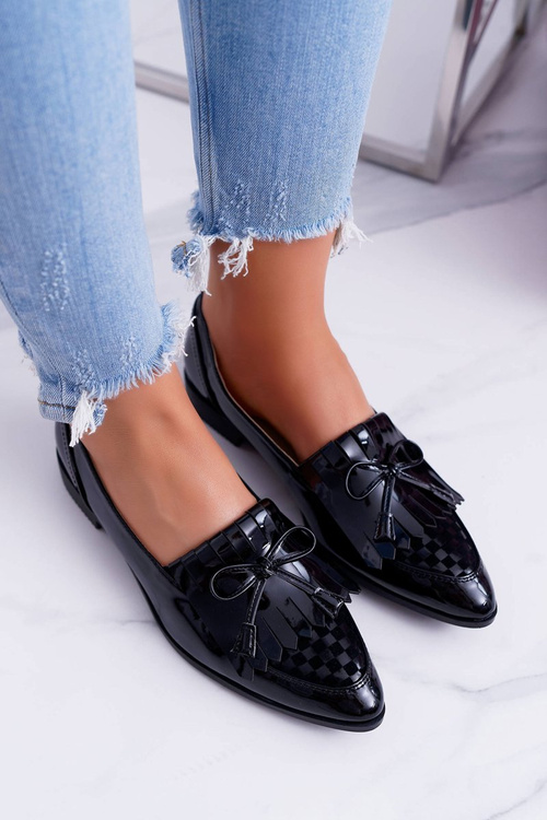 Mokasyny Damskie Lu Boo Czarne Lakierowane Loafer