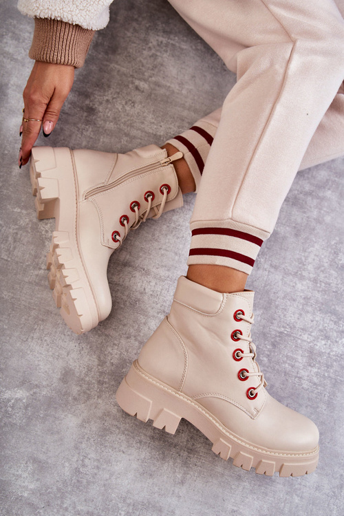 Skórzane Botki Workery Na Suwak Beżowe Messa