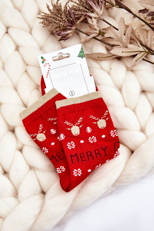 Damskie Skarpety W Świąteczne Wzory Merry Christmas Czerwone