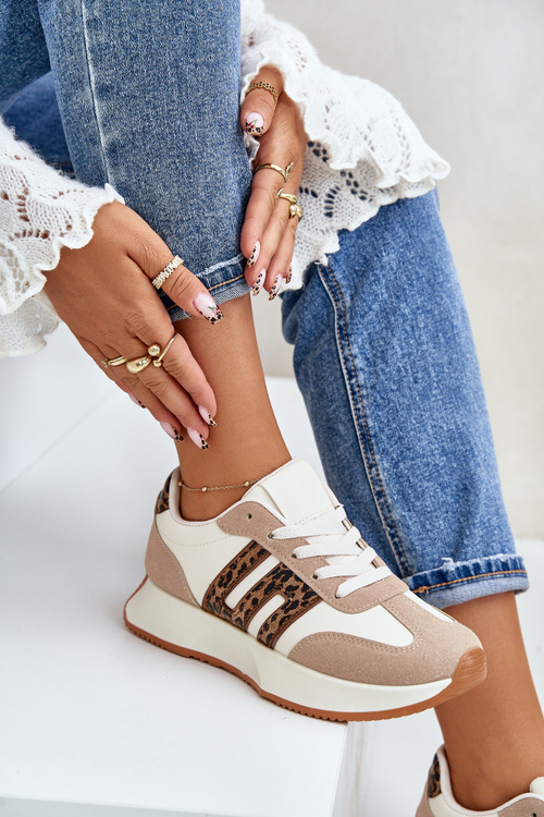 Sneakersy Buty Sportowe Na Platformie Panterka Damskie Beżowe Thari