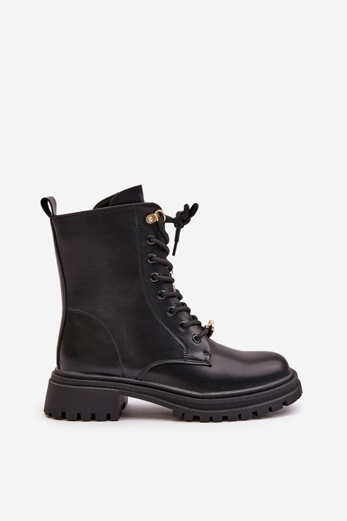 Eko Skórzane Botki Workery Damskie Z Przypinkami Czarne Rianael