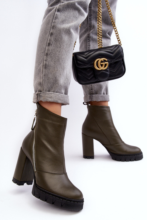 Modne Skórzane Botki Na Obcasie Laura Messi 2509 Ciemnozielone