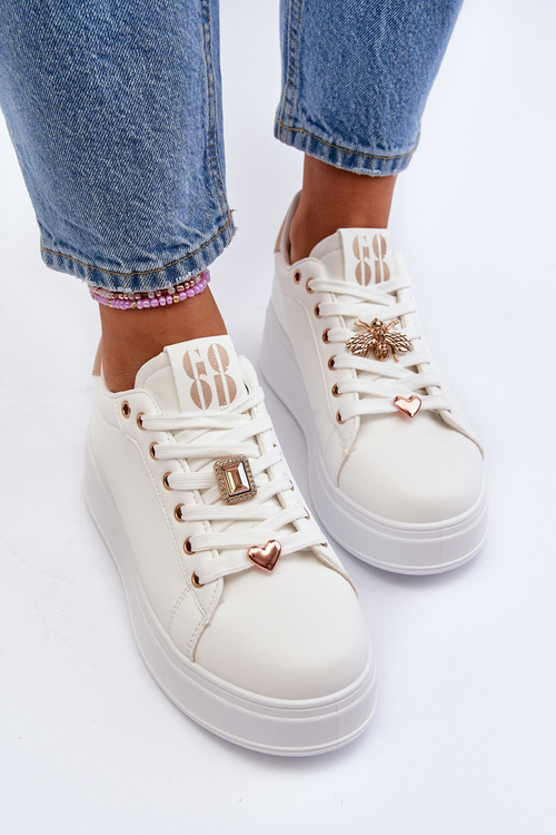 Sneakersy Damskie Na Platformie Z Ozdobami Białe Herbisa