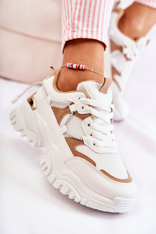 Modne Materiałowe Buty Sportowe Beżowo-Białe Amariso