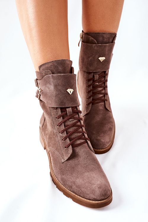 Damskie Skórzane Welurowe Botki Nicole 2682 Brązowe