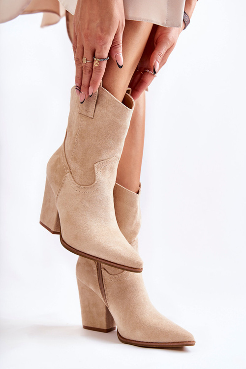 Damskie Zamszowe Botki Kowbojki Beżowe Mindy