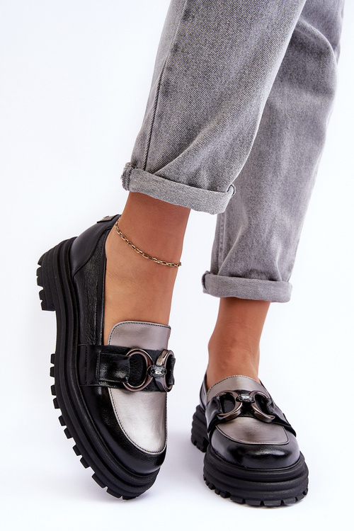 Półbuty Loafersy Damskie Skórzane Na Płaskim Obcasie Czarne Elkiza