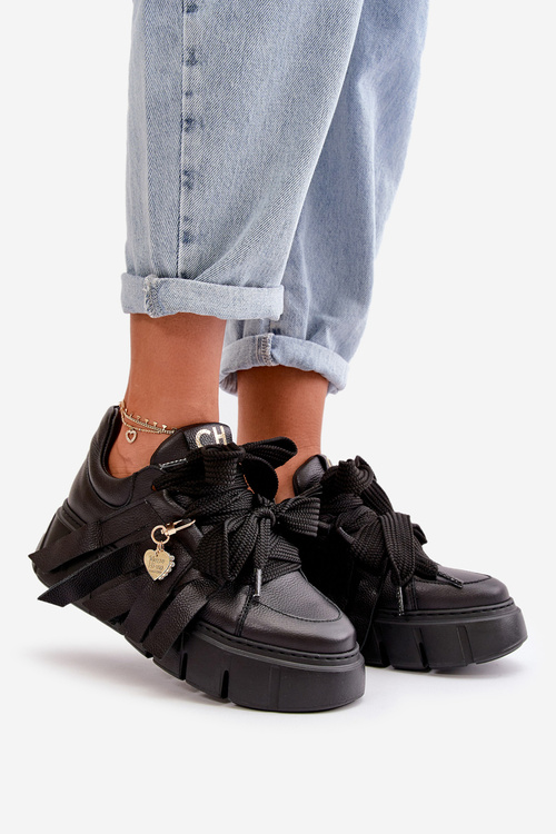 Sneakersy Skórzane Damskie Na Platformie Czarne CheBello 4568