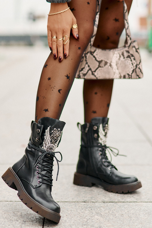 Eko Skórzane Botki Workery Ze Zdobieniem Ocieplane D&A MR880-080 Czarne