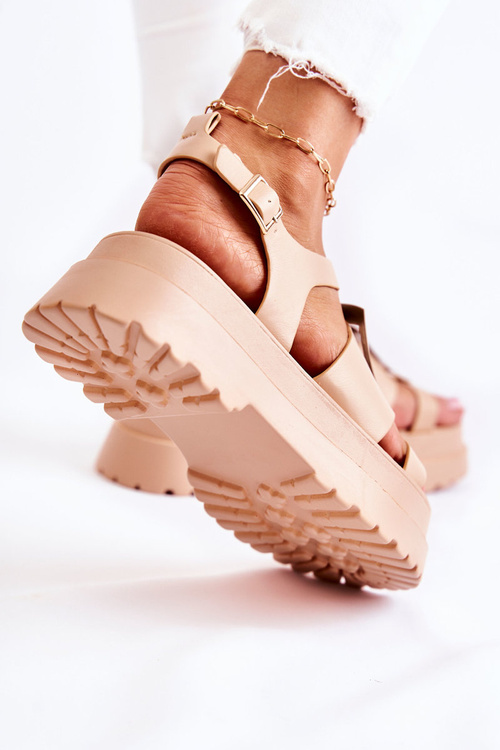 Damskie Skórzane Sandały Na Platformie Ciemnobeżowe Corene