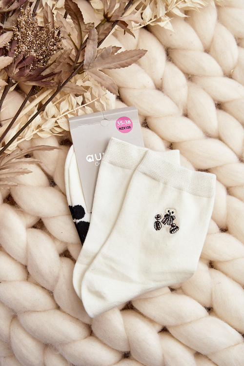 Bawełniane Skarpety Damskie Z Naszywką Miś Białe