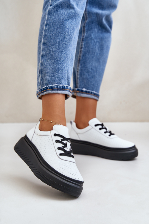 Buty Sportowe Damskie Na Platformie Skóra Naturalna Białe 41470 Vinceza