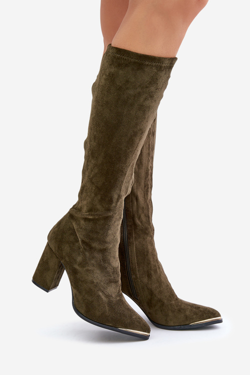 Eko Zamszowe Kozaki Na Słupkowym Obcasie Ciemnozielone Batirae