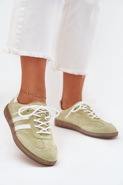 Niskie Skórzane Sneakersy Damskie Limonkowe Ismina