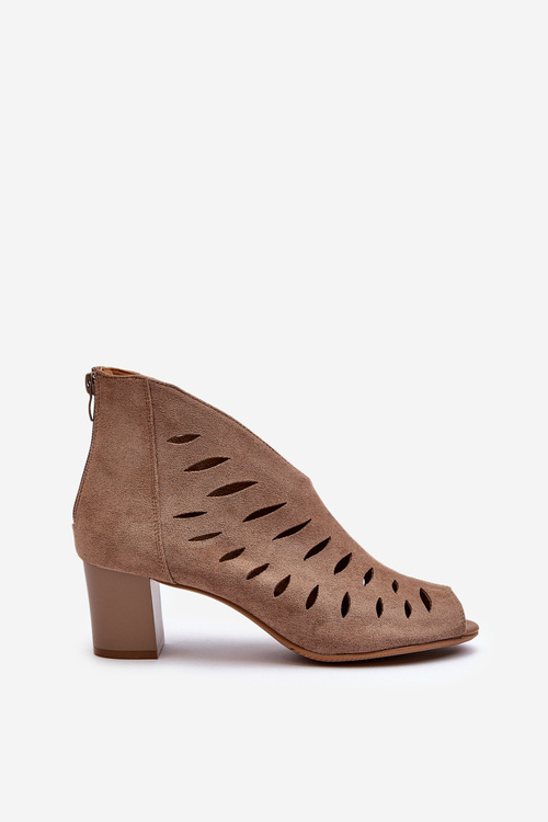 Ażurowe Botki Damskie Eko Zamszowe Na Słupku Z Odkrytymi Palcami Beżowe Timalre