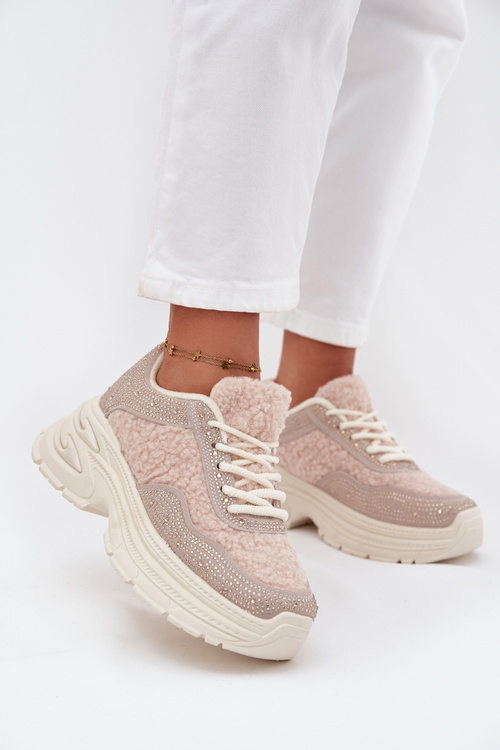 Sneakersy Damskie Z Cyrkoniami I Futerkiem Typu Baranek Jasnobeżowe Zarika