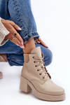 Skórzane Botki Damskie Na Słupku Beżowe Lemar Leocera
