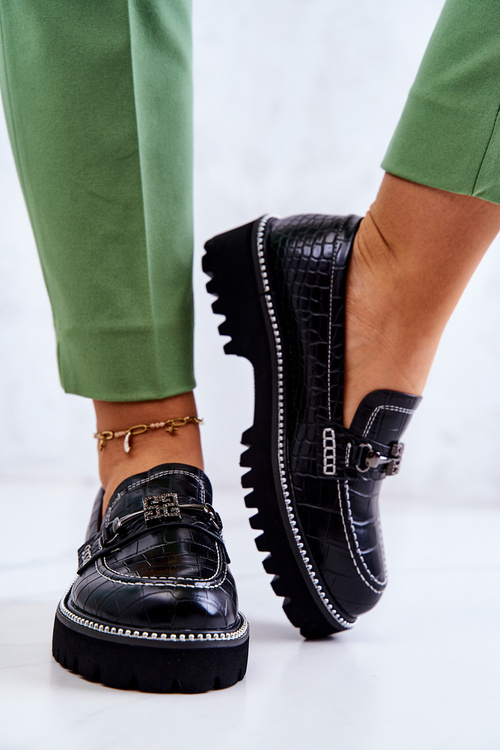 Skórzane Półbuty Wężowe Z Ozdobą Czarne Adison