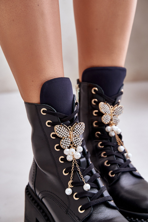 Skórzane Botki Workery Damskie Z Motylem Czarne CheBello 4590