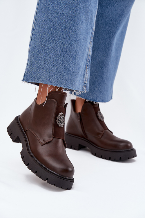 Ocieplane Niskie Botki Damskie Z Ozdobą Na Zamek Brązowe Lavira