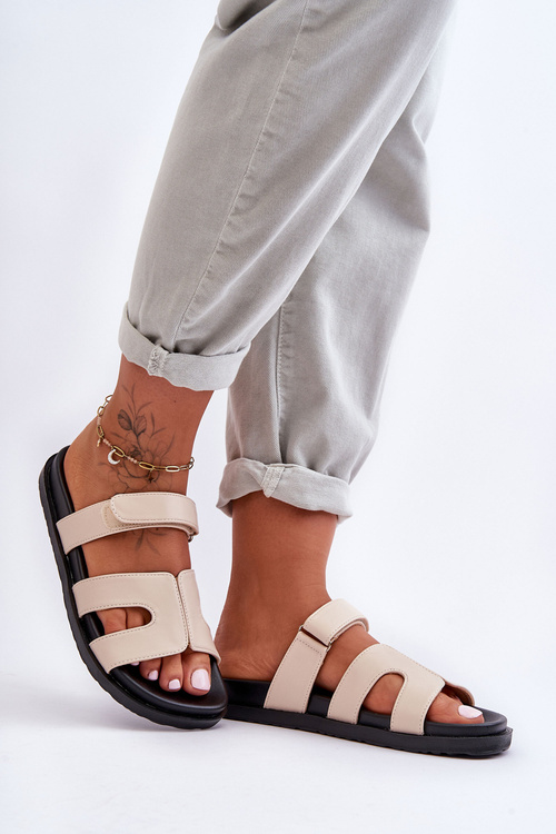 Skórzane Klasyczne Klapki Damskie Na Rzep Beżowe Amedon