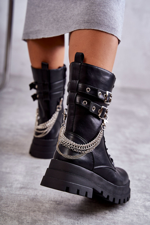 Wysokie Workery Botki Z Łańcuchem Czarne Montero