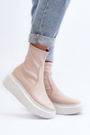 Zazoo 3395 Skórzane Botki Damskie Na Masywnej Platformie Beżowe