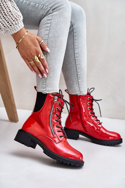 Lakierowane Botki Workery Na Zamek Ocieplane Czerwone Ravanthia