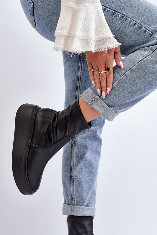 Zazoo 3395 Skórzane Botki Damskie Na Masywnej Platformie Czarne