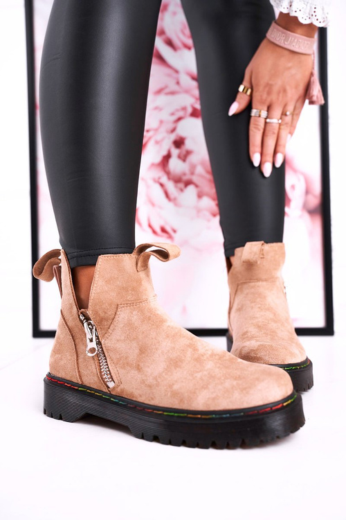 Damskie Botki Sztyblety Z Kolorowym Przeszyciem Zamszowe Beżowe Addison