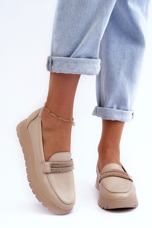 Skórzane Półbuty Na Platformie Z Ozdobą Jasnobeżowe Lemar Lehira