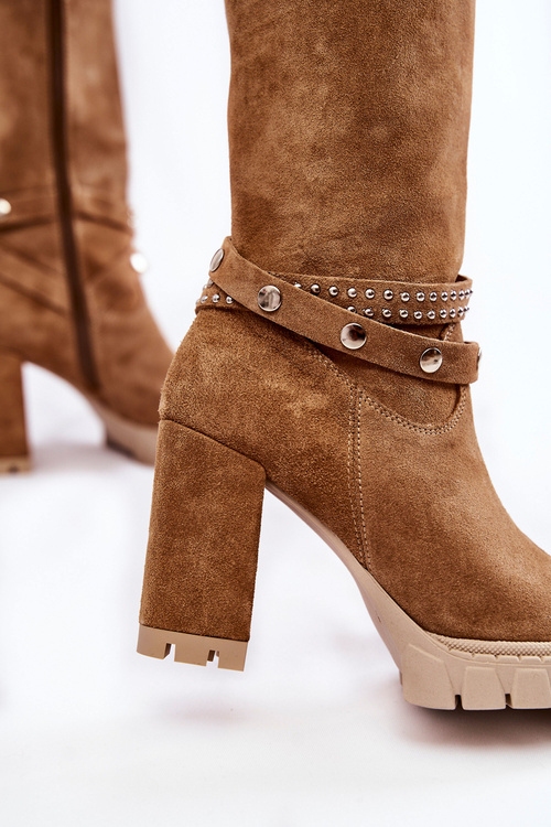 Damskie Kozaki Na Słupku Lewski Shoes 3246 Beżowe